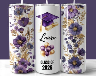 Purple Gold Floral Graduation Tumbler Wrap PNG, Class of 2026 (Digital Download), Personalized Graduation Gift for Her