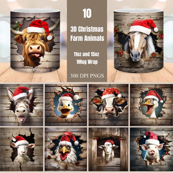 3D Christmas Farm Animal Hole in a Wall Mug Wrap Bundle, 11oz and 15oz Mug Templates, Instant Digital Download, Mug Sublimation PNG