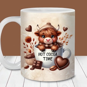 Emballage de tasse de nom de cacao chaud de vache des Highlands, modèles de tasse de 11 oz et de 15 oz, sublimation de tasse de Noël de chocolat chaud personnalisée PNG, cadeau pour fille
