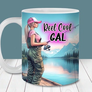 Reel Cool Gal Fishing Quote Mug Wrap PNG, Plantilla de taza de 11oz y 15oz, Descarga instantánea, Sublimación de taza PNG, Taza de café de pesca para niña