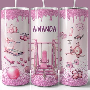 Entraînement de gymnastique rose ajouter un nom de gobelet, 20 oz skinny gobelet sublimation PNG, gobelet droit et conique, wrap gobelet d'exercice