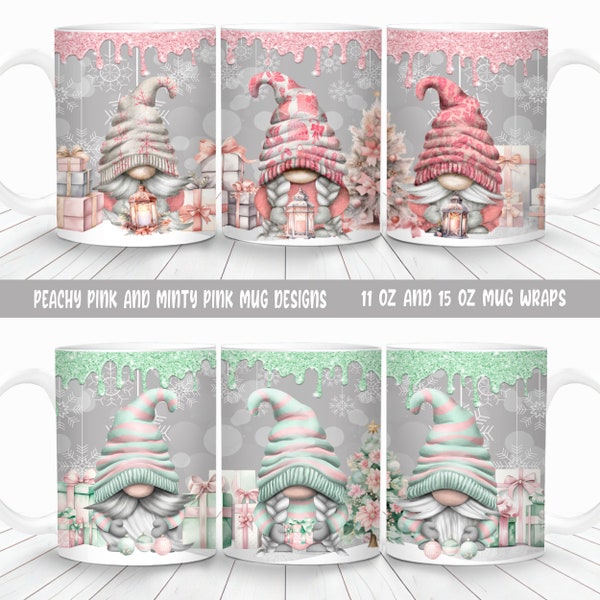 Pink Christmas Gnomes Mug Wrap Bundle, 11oz and 15oz Mug Template, Instant Digital Download, Mug Sublimation PNG, Winter Gnome Coffee Mug