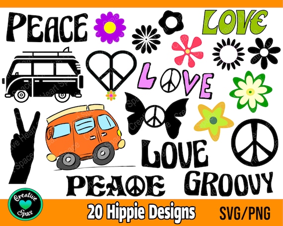 Hippie SVG Bundle, Retro Flowers SVG, PNG, Peace and Love svg, Boho svg, Groovy svg