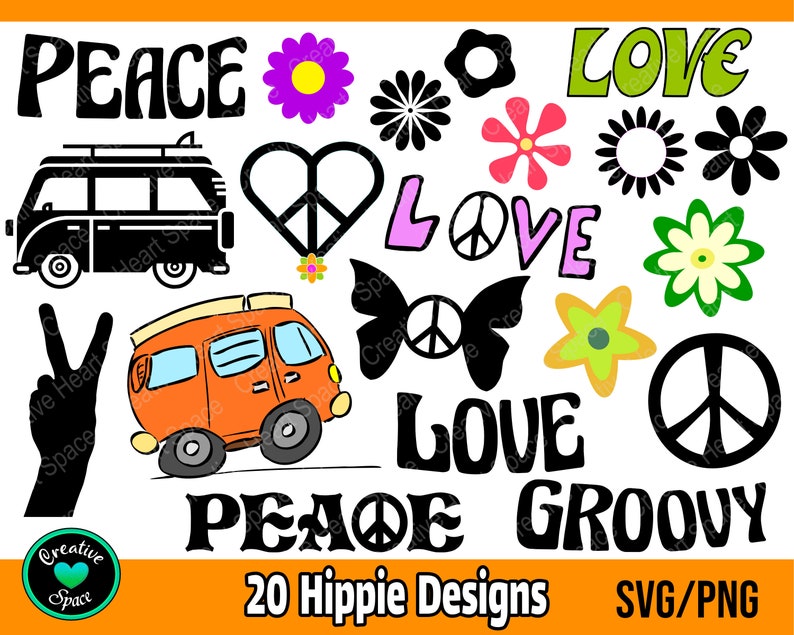 May include: A set of 20 digital designs featuring hippie-inspired graphics, including peace signs, flowers, and the words "Peace", "Love", and "Groovy".