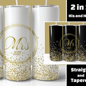 Gold Glitter Mr and Mrs 2025 Tumbler Wrap, Copo fino de 20 onças PNG, Presente de casamento, Copos combinando marido e mulher png, Download digital