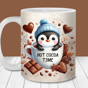 Emballage de tasse de cacao chaud pingouin, modèles de tasse de 11 oz et 15 oz, sublimation de tasse de Noël de chocolat chaud personnalisée PNG, cadeau pour garçon