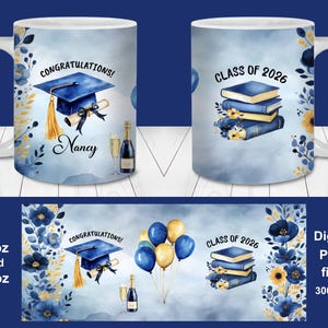 Blue Gold Graduation 2026 Mug Wrap PNG, Personalized Gift (Digital Download), Custom Name Date