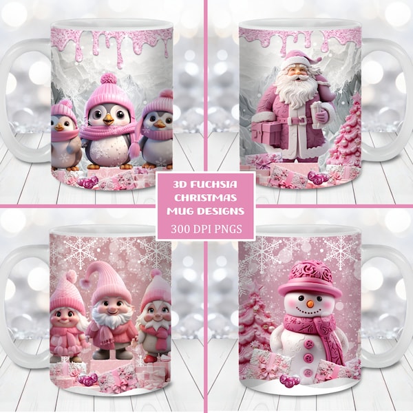 3D Pink Fuchsia Christmas Mug Wrap Bundle, 11oz and 15oz Mug Template, Instant Digital Download, Mug Sublimation PNG, Christmas Coffee Mug