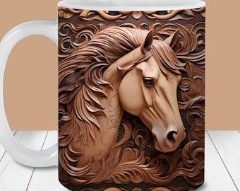 Envoltura para taza con retrato de caballo en cuero repujado 3D, plantillas para tazas de 325 ml y 400 ml, descarga digital instantánea, PNG para taza de animal de granja, envoltura para taza de caballo marrón