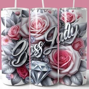 Boss Lady Pink Roses and Diamonds Tumbler Wrap, 20oz skinny beker, png, rechte en taps toelopende beker wrap, Girl Boss Diamonds beker