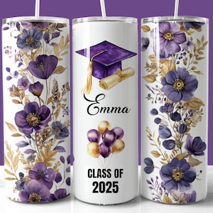 Emballage de gobelet pour l'obtention du diplôme 2025 or violet, verre skinny 20 oz PNG, cadeau de remise des diplômes, promotion 2025 Tumbler, téléchargement numérique