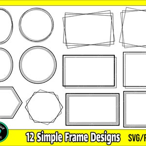 May include: Twelve simple frame designs in black, perfect for adding a touch of elegance to your projects.  These frames are available in SVG and PNG formats.