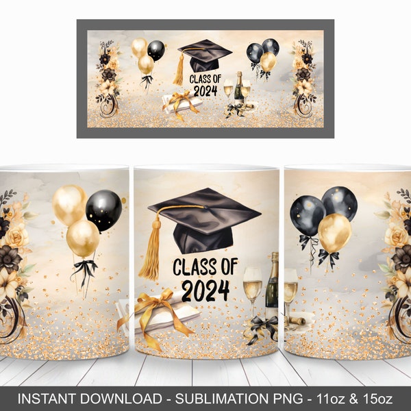 Graduation Class of 2024 Mug Wrap, 11oz and 15oz Mug Wrap Template, Graduation Gift Mug, Gold and Black Graduate Mug Design