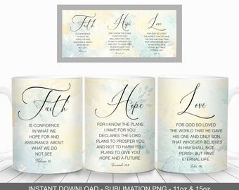 Emballage pour tasse Faith Hope Love, verset de la Bible PNG (Téléchargement numérique)