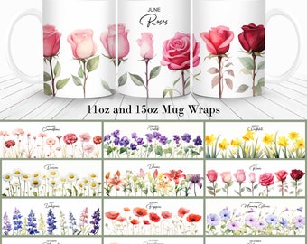 Birth Month Flower Mug Wrap Bundle, 11oz & 15oz (Digital Download)