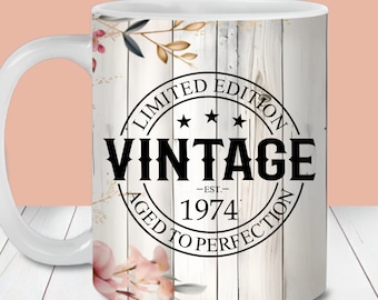 Pink Floral Vintage Birthday Mug Wrap, 11oz and 15oz Mug Template, Instant Download, Mug Sublimation PNG, Add Date Birthday Mug Design