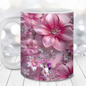 Rosa Juwel Blumen Becher wickeln, 11 Unze und 15 Unze Becher Vorlage, sofortiger digitaler Download, Becher Sublimation PNG, rosa Blumen Becher
