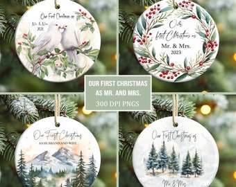 Our First Christmas as Mr and Mrs Ornament Bundle, Married Christmas Ornament Sublimation PNG, Instant Download, Add Name Christmas Ornament