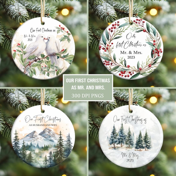 Our First Christmas as Mr and Mrs Ornament Bundle, Married Christmas Ornament Sublimation PNG, Instant Download, Add Name Christmas Ornament