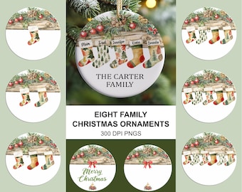 Family Christmas Ornament PNG Bundle, Personalized Christmas Stocking Ornament Sublimation, Family Name Ornament Designs, Instant Download