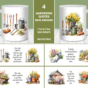 Pacote de embrulho de caneca com citações de jardinagem, modelo de caneca de 11 onças e 15 onças, download instantâneo, PNG de sublimação de caneca, designs de canecas de jardinagem