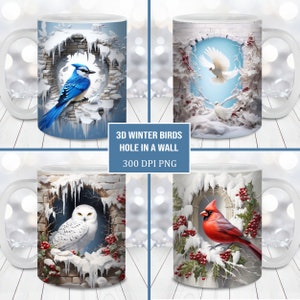 3D Winter Vogel Becher Wrap Bundle, 11 Unzen und 15 Unzen Becher Vorlage, sofortiger digitaler Download, Becher Sublimation PNG, Vogel Kaffeebecher Designs