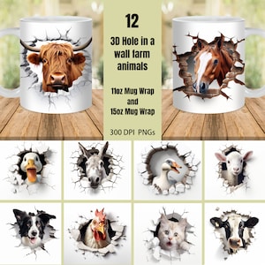 May include: Twelve 3D mug wrap designs featuring farm animals peeking through a broken wall. The designs are available in 11oz and 15oz mug sizes. The images are 300 DPI PNGs.