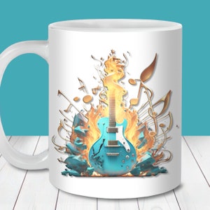 Blauwe gitaar mok wrap, 11oz & 15oz mok wrap sjabloon PNG, instant digitale download, mok sublimatie PNG, gitaar koffiemok PNG