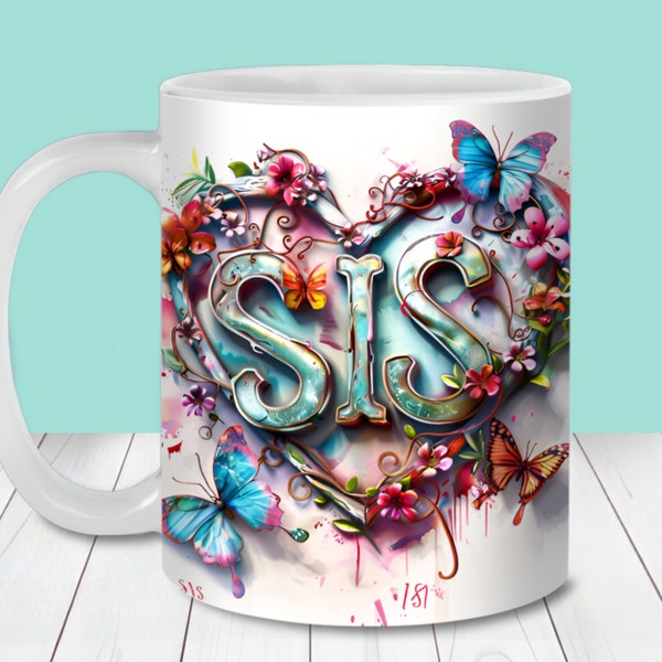 Sis Graffiti Heart Mug Wrap, 11oz and 15oz Mug Template, Instant Digital Download, Mug Sublimation PNG,  Sister Birthday Gift Mug