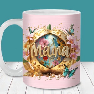 3D Mama goud en roze mok wrap PNG, 11oz en 15oz mok sjabloon, Instant Download, mok sublimatie PNG, Moederdag cadeau