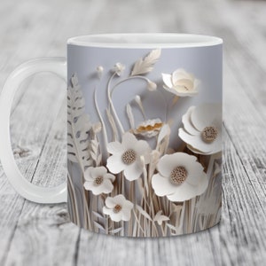 3D White Wildflowers Mug Wrap, 11oz and 15oz Mug Template, Instant Digital Download, Mug Sublimation PNG, Wedding Gift Mug, Floral Mug Wrap