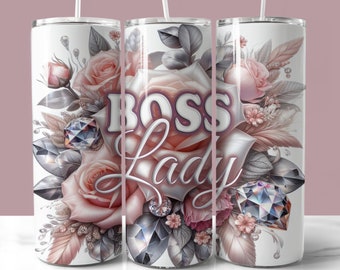 Boss Lady Roses and Diamonds Tumbler Wrap, 20oz Skinny Tumbler PNG, Straight and Tapered Tumbler Wrap, Girl Boss Glitter Diamonds Tumbler
