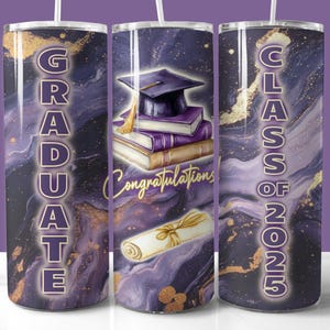 Paarsgouden beker wrap 2025 afstuderen, 20oz magere beker png, gepersonaliseerde afstudeercadeau, Graduate Class of 2025 Tumbler png