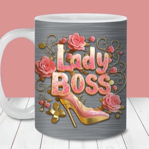 Envoltura de taza Lady Boss rosa y plateada, plantilla de taza de 11 oz y 15 oz, descarga digital instantánea, sublimación de taza PNG, taza de regalo de cumpleaños