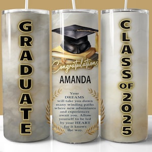 Emballage de gobelet noir or, remise des diplômes 2025, gobelet skinny 20 oz PNG, cadeau de remise des diplômes personnalisé, gobelet promotion 2025 png thumbnail