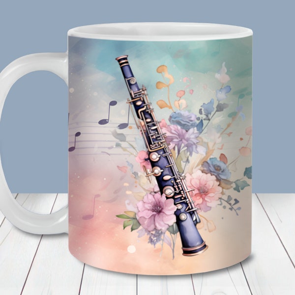 Floral Clarinet Mug Wrap, 11oz & 15oz Mug Wrap Template PNG, Instant Digital Download, Mug Sublimation PNG, Clarinet Coffee Mug PNG