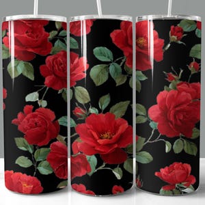 Naadloze bekeromslag met rode rozen, 20oz magere beker png, rechte en taps toelopende bekeromslag, cadeau voor haar, jubileumcadeau