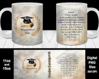 Graduation Mug Wrap PNG, Personalized Gold & Black Class of 2026 (Digital Download), Custom Name and Date