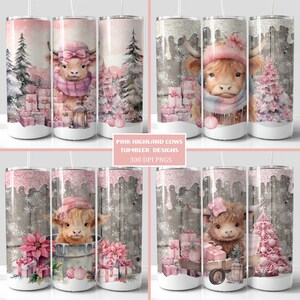 Roze Baby Highland Cows Tumbler Wrap Bundel, 20oz Skinny Tumbler Sublimatie PNG, Rechte en Taps toelopende Wraps, Instant Digitale Download