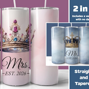 Mr Mrs King Queen 2026 Tumbler Wrap Set, His & Hers Personalized Wedding Gift (PNG Digital Download)