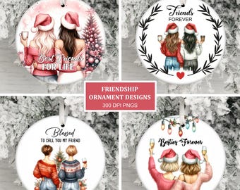 May include: Four round Christmas ornaments featuring illustrations of two female friends wearing Santa hats and holding mugs or glasses. The ornaments have the following text: "Best Friends For Life", "Friends Forever", "Blessed To Call You My Friend", and "Besties Forever".