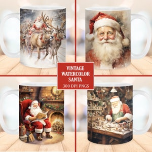 Pacote de embrulho de caneca de Papai Noel em aquarela vintage, modelo de caneca de 11 onças e 15 onças, download digital instantâneo, sublimação de caneca PNG, caneca de café de Papai Noel
