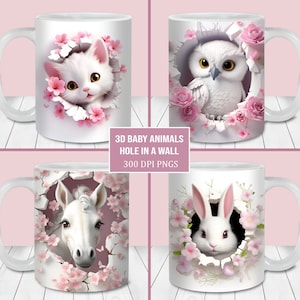 Trou d’animaux de bébé 3D dans un paquet d’enveloppement de tasse murale, modèle de tasse de 11 oz et 15 oz, téléchargement numérique instantané, PNG de sublimation de tasse, tasse d’animal mignon