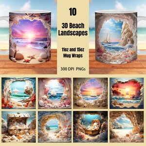 3D Beach Mug Wrap Bundle, 11oz and 15oz Mug Template, Instant Digital Download, Mug Sublimation PNG, Beach Mug Designs PNG
