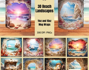 3D Beach Mug Wrap Bundle, 11oz and 15oz Mug Template, Instant Digital Download, Mug Sublimation PNG, Beach Mug Designs PNG
