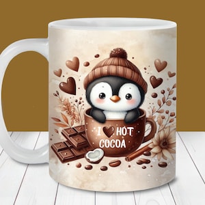 Emballage de tasse de cacao chaud pingouin, modèles de tasse de 11 oz et 15 oz, sublimation de tasse de chocolat chaud personnalisée PNG, conception de tasse de Noël