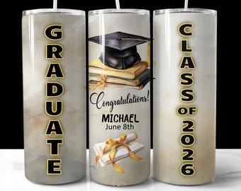 Gold and Black 20oz Graduation Tumbler Wrap, Personalized Gift PNG (Digital Download), Custom Name and Date