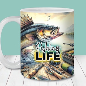 Emballage de tasse de vie de pêche PNG, modèle de tasse de 11 oz et 15 oz, téléchargement numérique instantané, sublimation de tasse PNG, conception de tasse de café de pêche