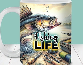 Fishing Life Mug Wrap PNG, Sublimation Design (Digital Download)