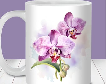 Pink Orchid Mug Wrap, 11oz and 15oz Mug Template, Instant Digital Download, Mug Sublimation PNG, Mother's day Mug, Floral Mug Design